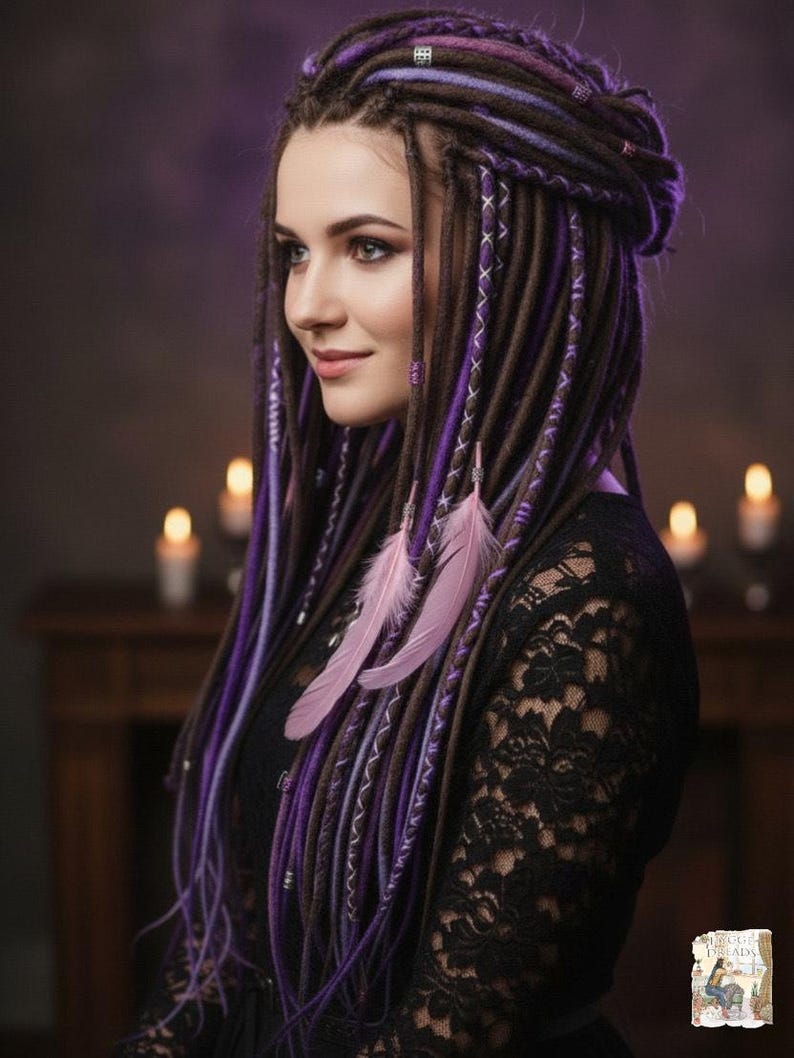 Boho Merino Wool Dreadlocks Brown Purple Blend (Lightweight, Soft Texture) image 12