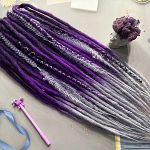 Synthetic crochet dreads ombre hand made transition dark purple-bright purple-gray Bandage and beads as a gift dreadlocks + fishtail braids