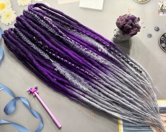 Synthetic crochet dreads ombre hand made transition dark purple-bright purple-gray Bandage and beads as a gift dreadlocks + fishtail braids