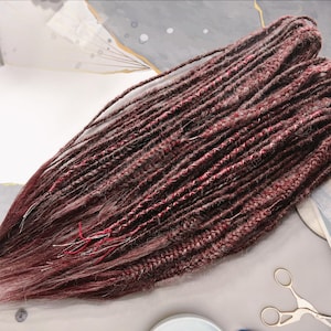 Synthetic Dreadlocks: Brown Burgundy Gray Braids with Silver Thread