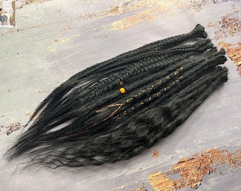 Black Synthetic Dreadlocks, Braids & Curls, Wrapped Yarn (Free Beads)