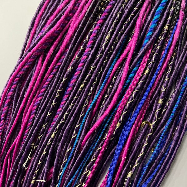 Thin twisted synthetic dreads +braids+twists black-cyclamen ombre black-violet ombre blue sea wave azur bandage gold threads beads as a gift