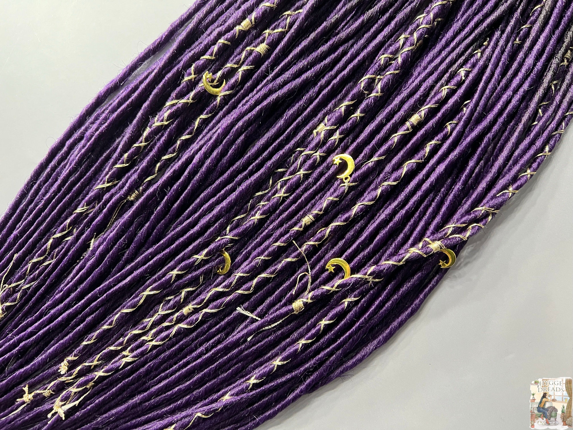 Purple Ombre Dreadlocks Hair Extensions with Gold Thread (Moon Beads Gift)