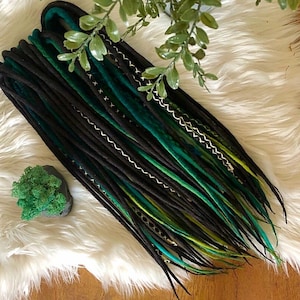 Merino Wool Dreads: Black & Green Shades, Wrapped Accents