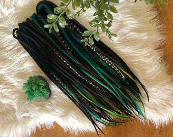 Merino Wool Dreads: Black & Green Shades, Wrapped Accents