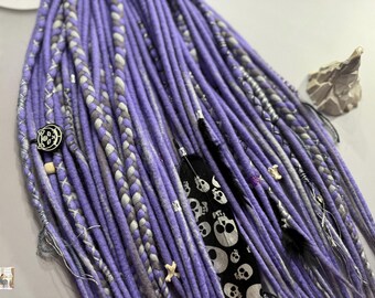 Lavender Wool Dreadlocks - Braided with Skull Beads and Feather Accents