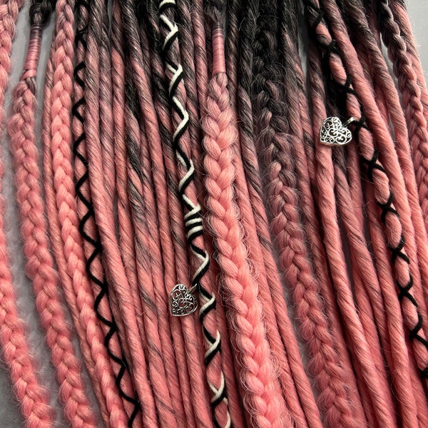 Thin synthetic twisted dreadlocks ombre black and pink dreadlocks + braids + fishtail beads and bandage as a gift hair extensions