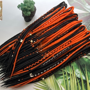 Wool dreads ombre orange on black with a white pattern Double ended or Single ended soft Fake merino dreadlocks extensions full set boho