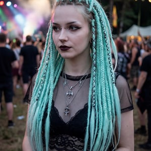 Puede incluir: Una persona con largas rastas turquesas peinadas en un moño y cayendo sobre los hombros. Lleva un top de encaje negro y varios collares plateados. El fondo muestra una multitud en un evento al aire libre.