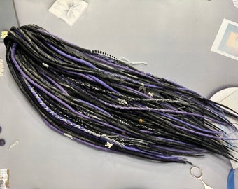 Wool dreadlocks blend black+platinum+gray+white, solid purple violet, bone beads and bat, wings bandage as a gift hair extensions boho
