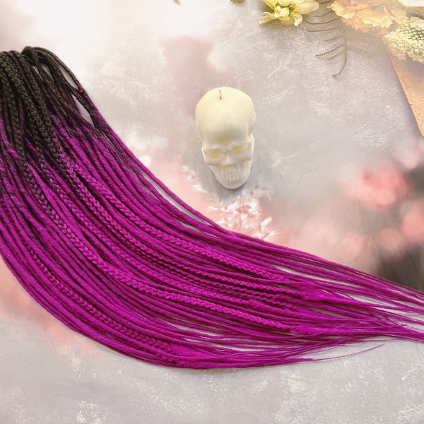 Thin twisted synthetic dreads + braids ombre black on magenta bright purple cyclamen Fake dreadlocks set bright