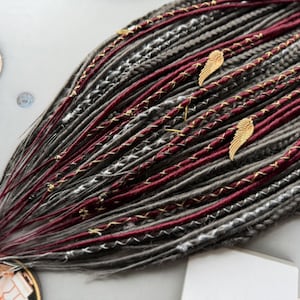 Thin Synthetic Dreadlocks: Gray, Burgundy Twisted Hair Extensions