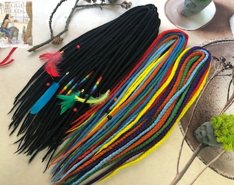 Boho Wool Dreads, Black and Rainbow with Feathers (Double or Single Ended)