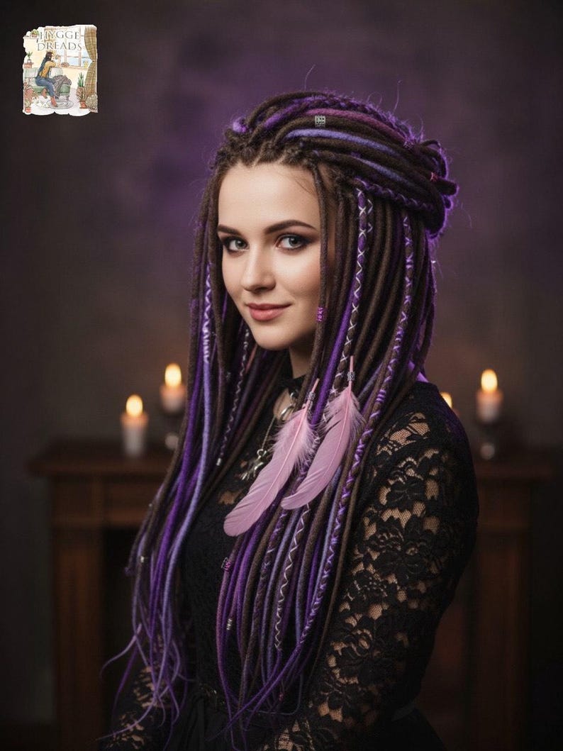 Boho Merino Wool Dreadlocks Brown Purple Blend (Lightweight, Soft Texture) image 4