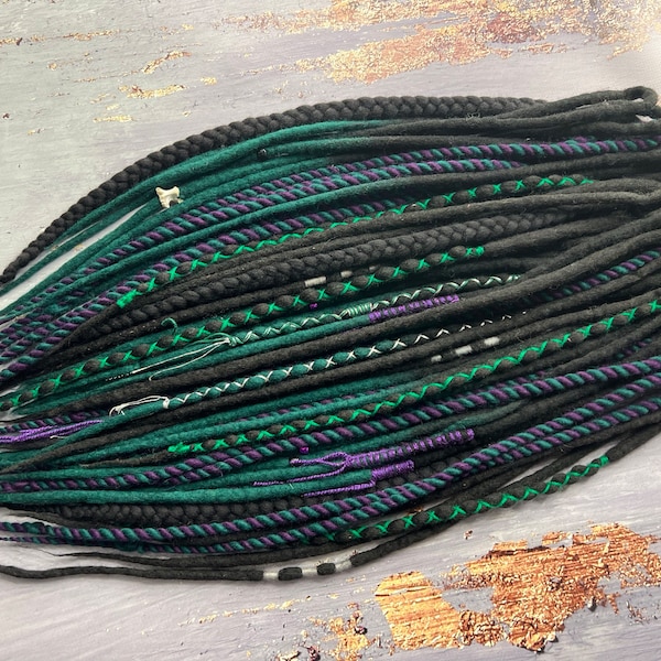 Wool dreads black-dark emerald green ombre dreadlocks, black dreadlocks, black dreadlocks with white felt pattern beads as a gift