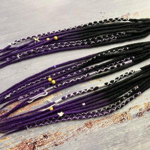 Black & Purple Ombre Wool Clip-In Dreads: Boho Braids with Beads