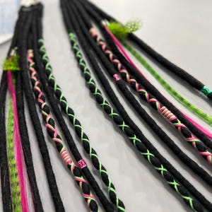 Clip-In Wool Dreads: Black with Pink and Green - Feather Accents