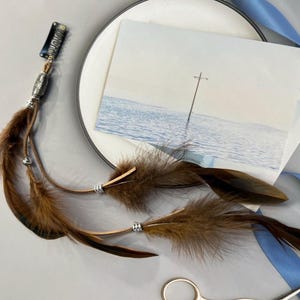 Viking Feather Hair Clip: Valhalla Style, Wooden Beads & Leather