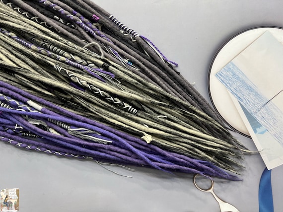 Gray White Merino Wool Clip In Dreadlocks Extensions Handmade Miss Violet Lace Silver Violet Wool Dreadlocks: Soft Felted Merino Hair  main image 4
