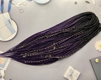 Thin twisted synthetic dreadlocks black and purple ombre bandage gold threads and gold moon beads pendants as a gift hair extensions