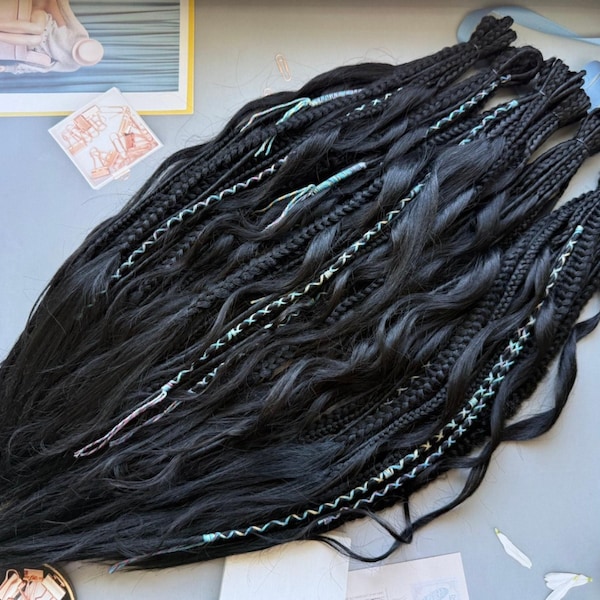 Curly Dreadlock Extensions: Boho Black Braids with Beads, 55-60cm