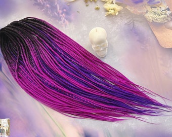 Thin synthetic dreads with braided ends + braids + senegals black on magenta and black on purple Fake dreadlocks set bright boho