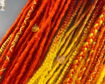 Natural look synthetic dreadlocks + fishtail braids shades of orange, yellow, red dreadlocks + braids + fishtail bandage and beads as a gift