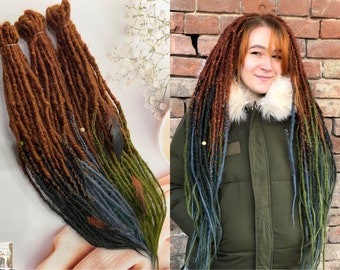 Natural look synthetic dreads ombre handmade red on grey, red on dark swamp green, red on olive khaki boho viking style full set dreadlocks