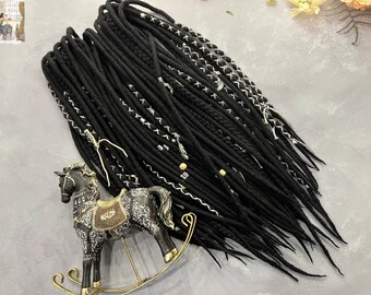 Dreadlocks + braids black solid with silver thread white gray thread white cord, metal silver beads and natural bone beads viking boho style