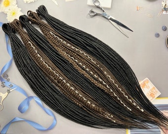Thin twisted synthetic dreads + fishtail braids black and brown bandage and beads as a gift hair extensions