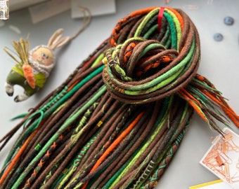 Forest Boho Wool Dreads, Brown Orange Green (Handmade Merino Hair Extensions)
