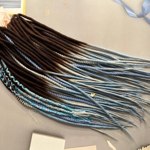 Handmade Wool Dreadlocks: Brown, Platinum & Sky Blue Blend - with Beads