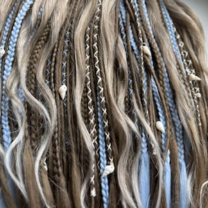 a close-up view of a person's long, braided hairstyle with various colored braids and decorative elements such as shells.