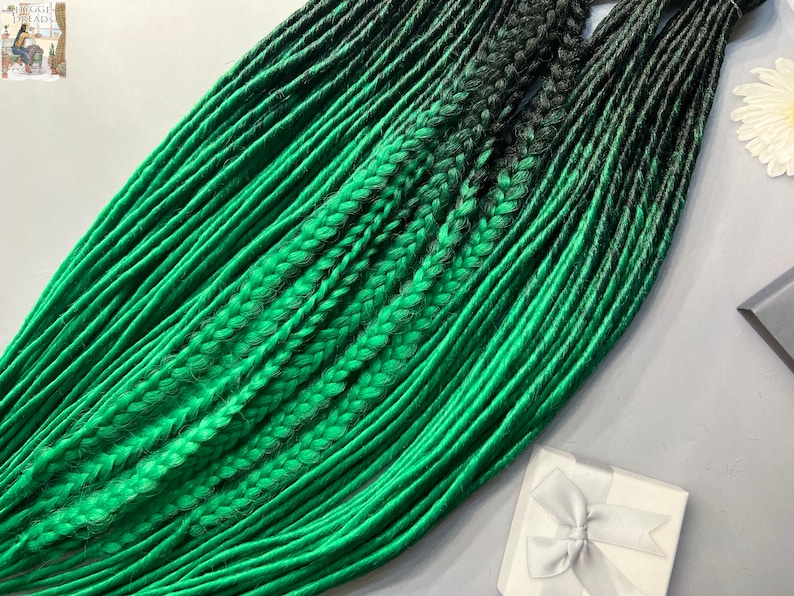 Full set ombre DE dreads braids ombre black and green hair accessories extensions thin double ended dreadlocks image 3