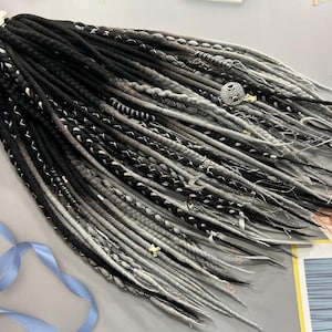 Boho Wool Dreadlocks Black & Gray Ombre (Handmade with Viking Beads)