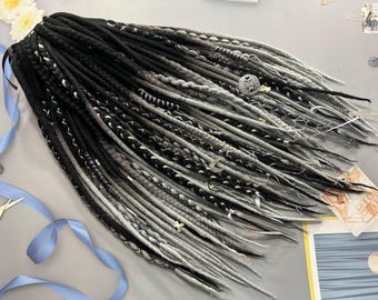 Boho Wool Dreadlocks Black & Gray Ombre (Handmade with Viking Beads)