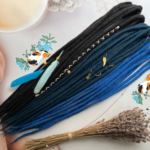 Ombre Wool Dreads: Black Navi Blue, Double Ended Merino Dreadlocks