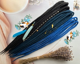 Rastas de lana ombré negro y azul marino, rastas de merino de doble punta, set DE SE de 60 cm