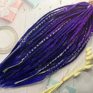 Ombre synthetische Dreads + Fischschwanzzöpfe Ombre lila, blau, tintenviolette Bandage Silberfäden Haarverlängerungen Boho