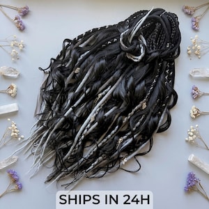 Dreadlocks aus schwarzer und silberner Wolle, Platin-Lockenmix, Merino-Extensions (DE SE)