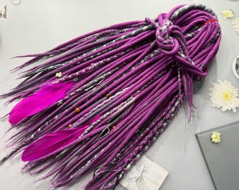 Boho Wool Dread Braids - Magenta, Orchid Purple & Silver with Beads