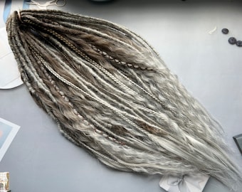 Ombre Brown to Gray Dreadlocks - Synthetic Hair with Feathers and Beads