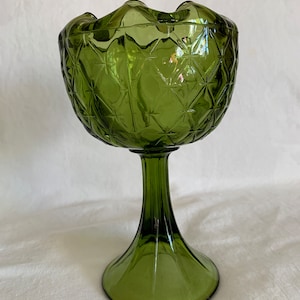 Vintage avocado/olive green Duette Diamond Quilted pattern ruffle edged compote/pedestal bowl/vase