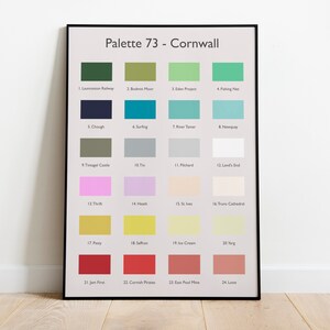 May include: A color palette chart with 24 color swatches and the title "Palette 73 - Cornwall". Each color swatch is labeled with a number and a name, such as "1. Chough", "2. Bodmin Moor", "3. Eden Project", and "4. Fishing Nets".