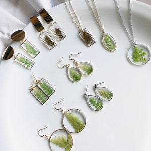 Real fern necklace or earrings under resin