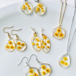 Dried yellow mimosa flower necklace or earrings