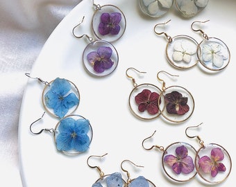 Real Hydrangea flower earrings under resin