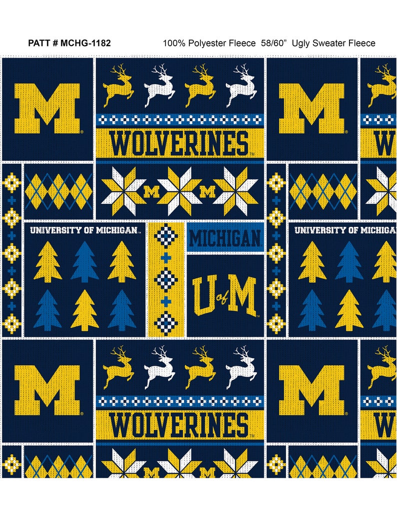 University of Michigan Fleece Fabric Sold by the Yard-Michigan Wolverines Holiday Sweater Fleece Blanket Fabric-SYKEL MCHG1182