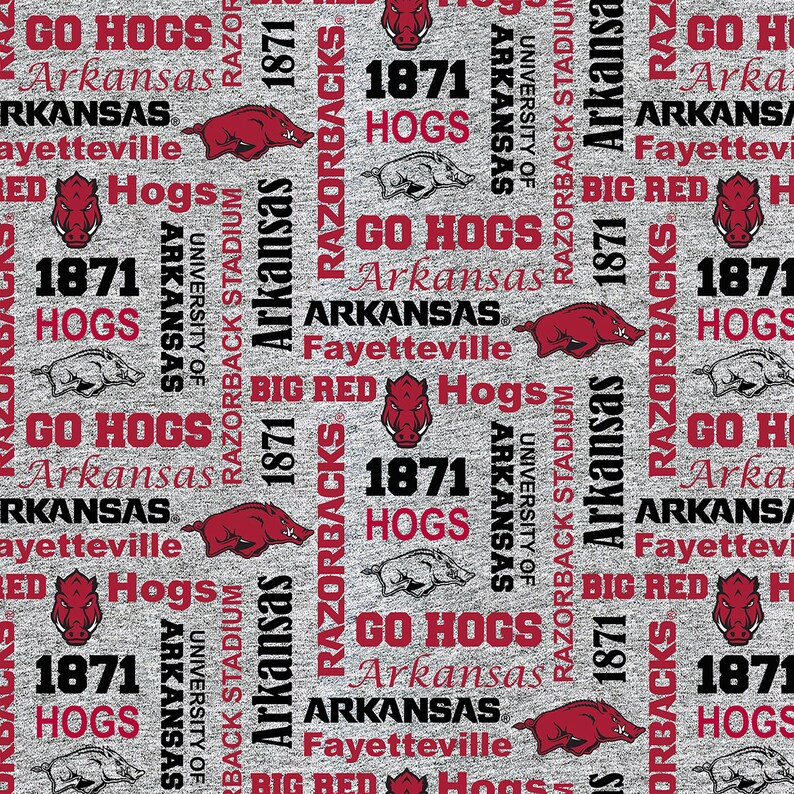 University of Arkansas Fleece Fabric Sold by the Yard-Arkansas Razorbacks Heather Verbiage Fleece Blanket Fabric-SYKEL ARK1162