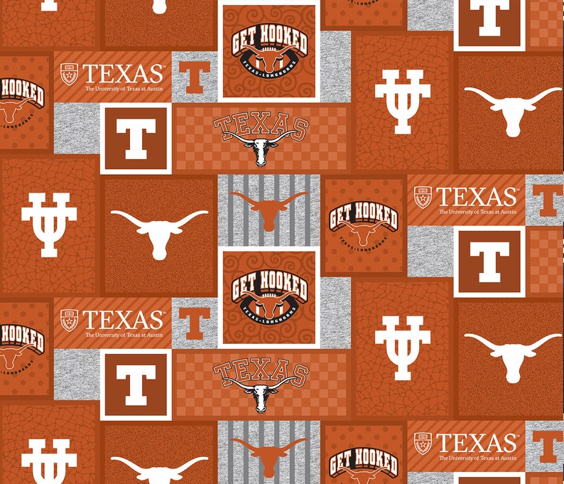 University of Texas\u00a0Fleece Fabric Sold by the Yard-Texas Longhorns College Patch Fleece Blanket Fabric-SYKEL TX1177